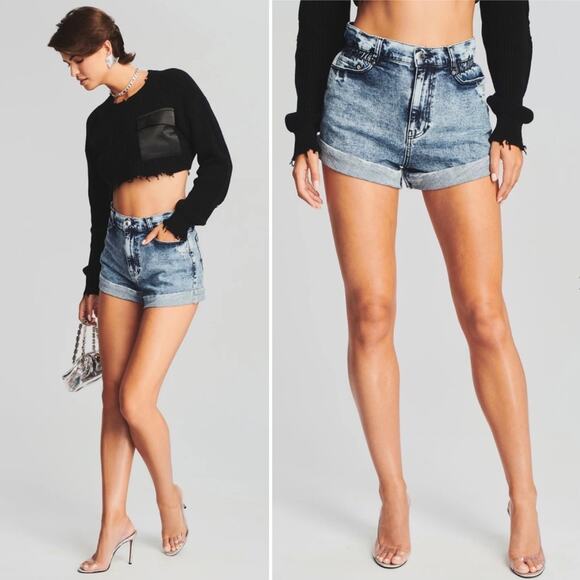 RETROFETE Haisley Denim Short in Sienna Wash Elastic Waist Distressed Acid Wash - Picture 1 of 11